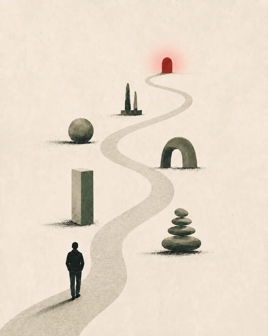 A figure on an open path at dusk